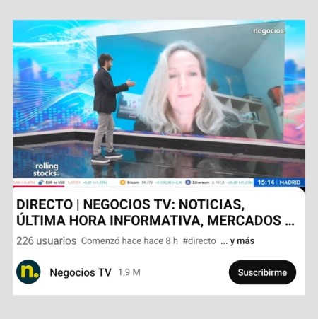Entrevistada en los informativos de máxima audiencia - Negocios TV 1